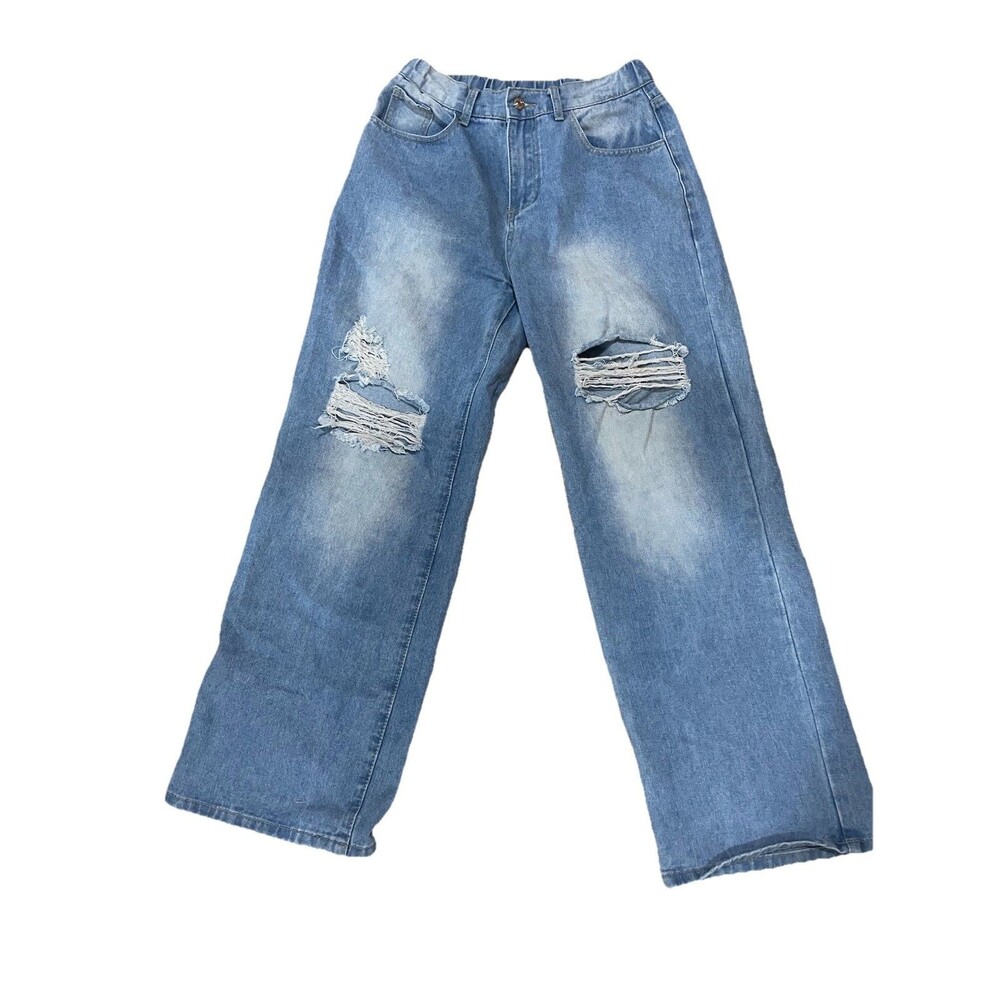 No Brand Women's Ripped Knee Straight Leg Jeans  Light Wash Size M